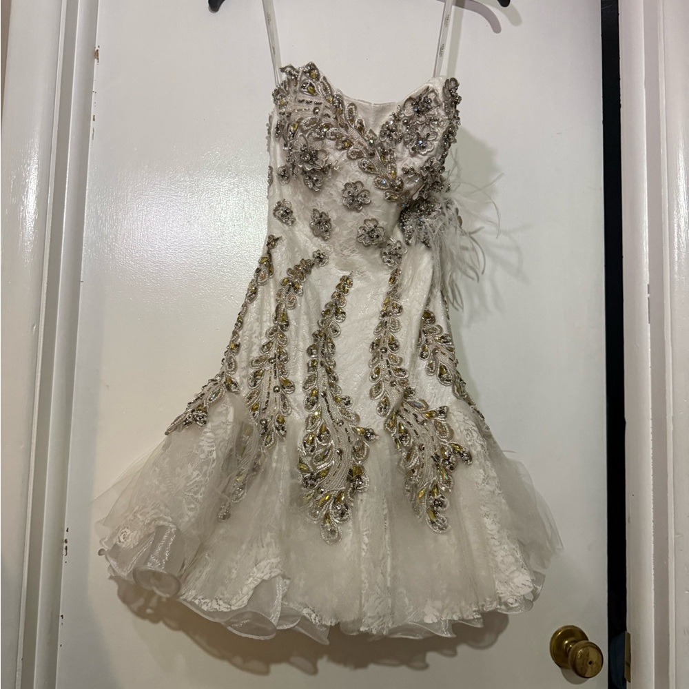 Terani Couture Ivory and Gold Embellished Mini Dress